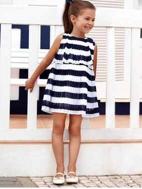 Mayoral Little Girl's Pleated Striped
Dress Navy White Nautical Preppy Size 5